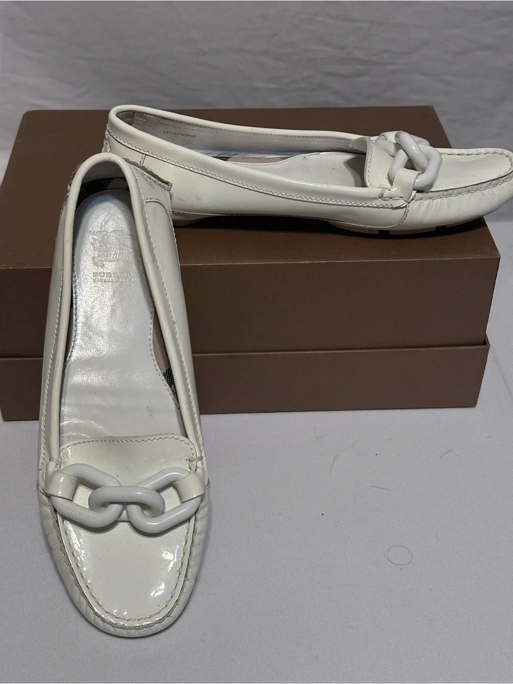 Burberry Cream Patent Chain-Link Loafers